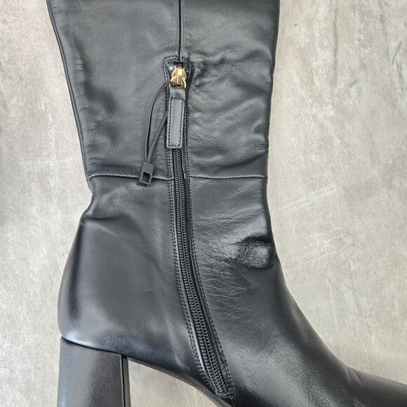 Black Leather Tall Heeled Boots Knee High Block Heel Square Toe Minimalist Chic - Picture 13 of 15